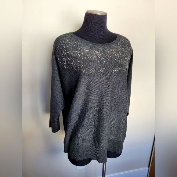 Gemstone Studded Sweater Batwing Sleeve Gray Stretch Soft Formal Holiday Size XL - Picture 1 of 13